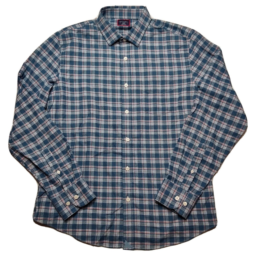UNTUCKit Balthazar Men Large Blue Plaid Slim Fit Cotton‎ Flannel Shirt